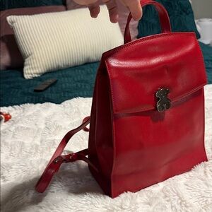Tous Vintage Red Leather Backpack with Bear Clasp